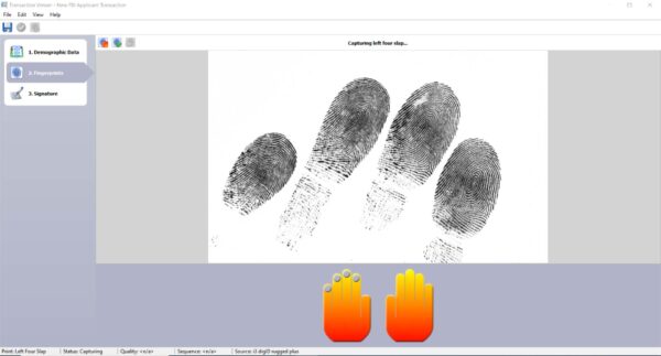 A screenshot of inVizeID taking a left type 4 fingerprint capture