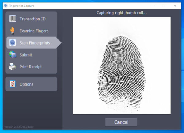A screenshot of the FPCheck software, performing a right thumb roll capture