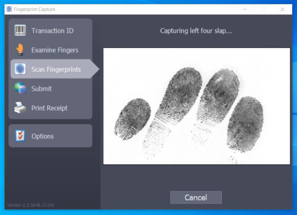 A screenshot of the FPCheck software, performing a type 4 fingerprint capture