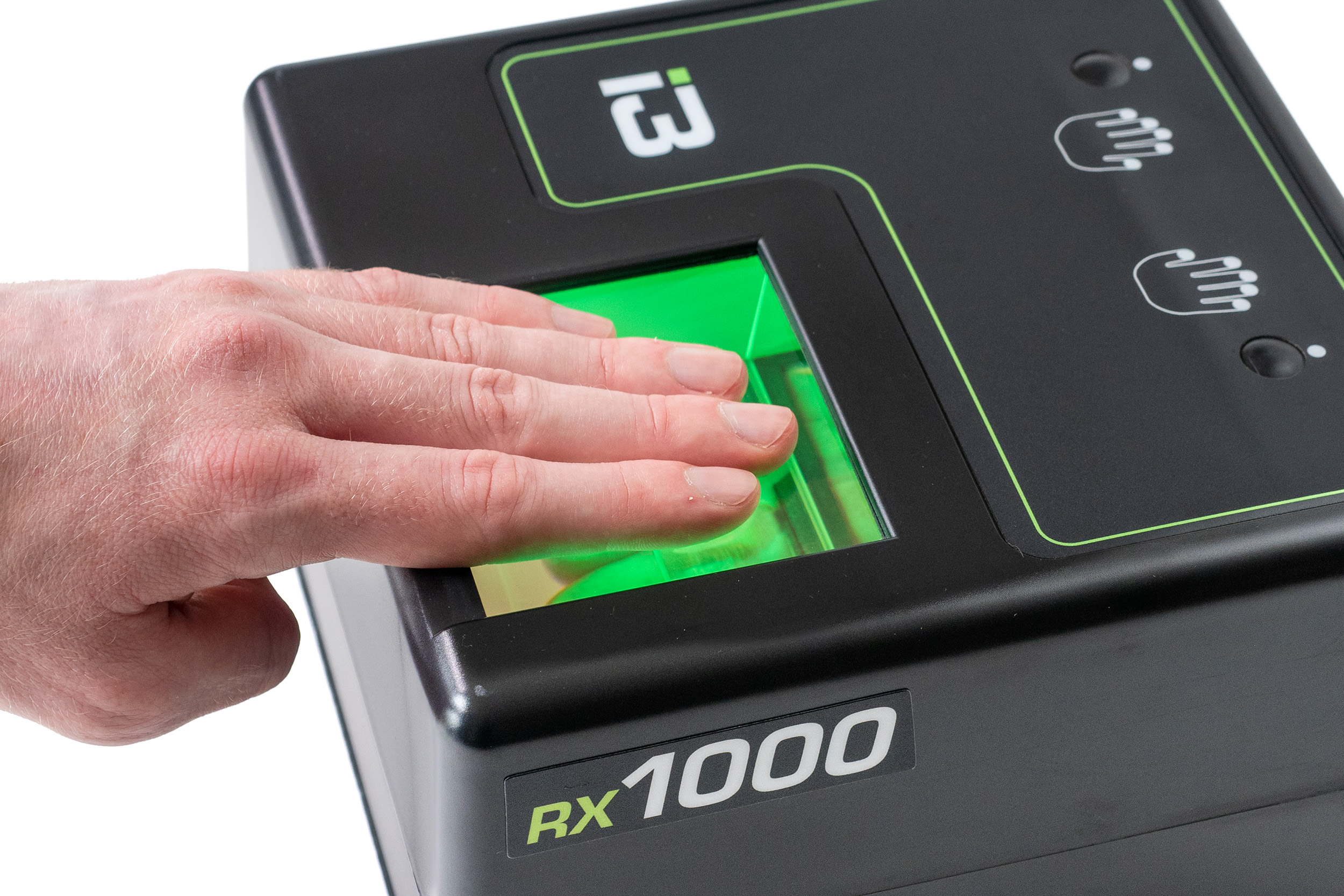 A photo of 4 fingers being scanned on the RX1000